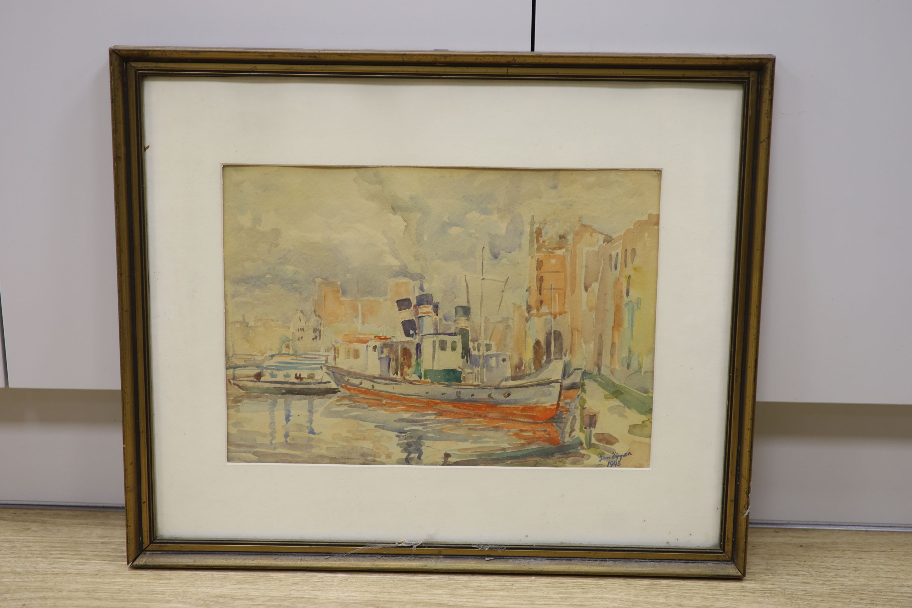 Jan Zipper, watercolour, Tug boats in harbour, signed and dated 1948, 28 x 40cm